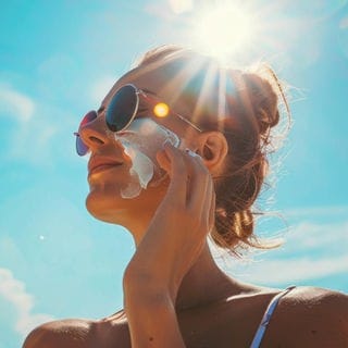 Eine Frau schmiert sich Sonnencreme ins Gesicht. Im Hintergrund blauer Himmel und Sonne. Symbolfoto für den Test von Sonnencremes von Stiftung Warentest.