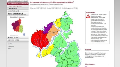 Ein Screenshot von der Webseite des rheinland-pfälzischen Landesumweltamts vom 14.7.2021, 13:00 Uhr mit Hilfe der Wayback-Machine