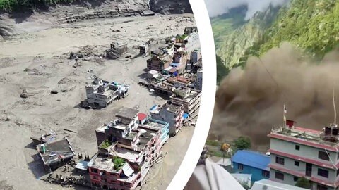 Eine Sturzflut schießt durch den Himalaya in Nepal.